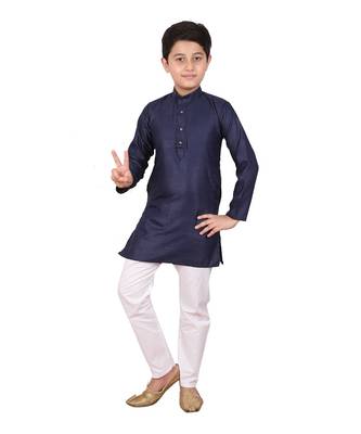Boys Blue and White Cotton Simple Kurta Pajama Set 1
