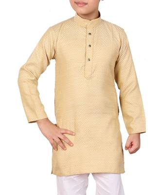 Boys Cream and White Cotton Simple Kurta Pajama Set 2
