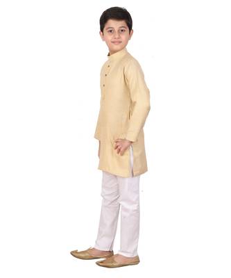 Boys Cream and White Cotton Simple Kurta Pajama Set 4