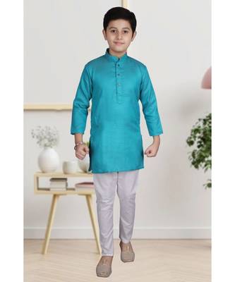 Boys Green and White Cotton Simple Kurta Pajama Set 1