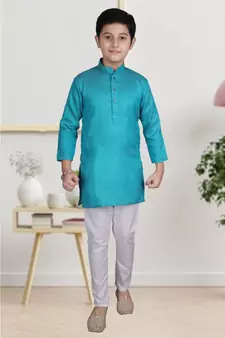 Boys Green and White Cotton Simple Kurta Pajama Set