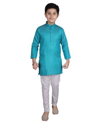 Boys Green and White Cotton Simple Kurta Pajama Set 2