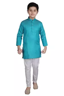 Boys Green and White Cotton Simple Kurta Pajama Set