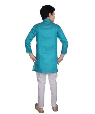 Boys Green and White Cotton Simple Kurta Pajama Set 3
