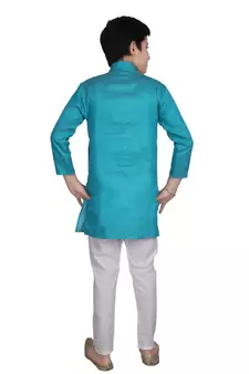 Boys Green and White Cotton Simple Kurta Pajama Set