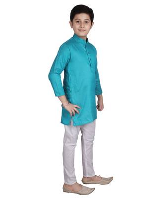 Boys Green and White Cotton Simple Kurta Pajama Set 4
