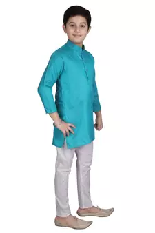 Boys Green and White Cotton Simple Kurta Pajama Set