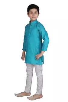 Boys Green and White Cotton Simple Kurta Pajama Set