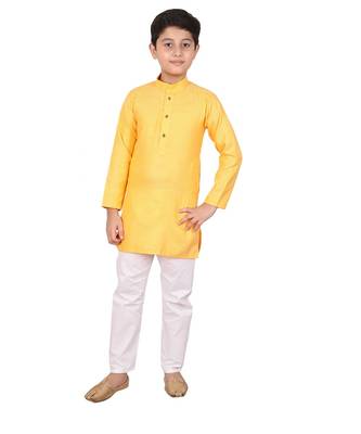 Boys Yellow and White Cotton Simple Kurta Pajama Set 1