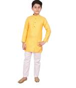 Boys Yellow and White Cotton Simple Kurta Pajama Set