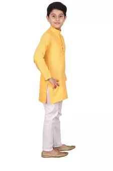 Boys Yellow and White Cotton Simple Kurta Pajama Set