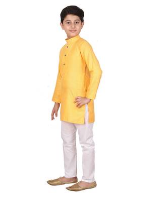Boys Yellow and White Cotton Simple Kurta Pajama Set 3