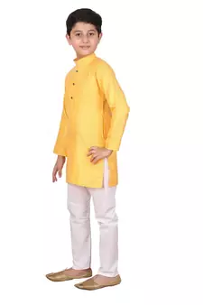 Boys Yellow and White Cotton Simple Kurta Pajama Set
