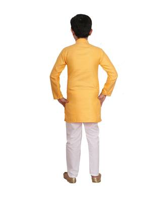 Boys Yellow and White Cotton Simple Kurta Pajama Set 4