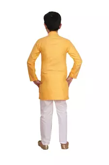 Boys Yellow and White Cotton Simple Kurta Pajama Set