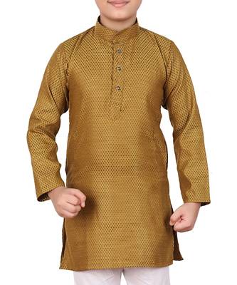 Boys Mehndi and White Cotton Simple Kurta Pajama Set 2