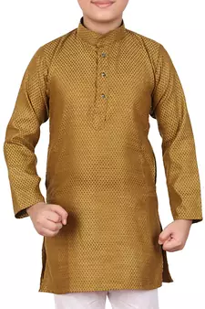 Boys Mehndi and White Cotton Simple Kurta Pajama Set