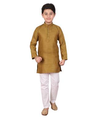 Boys Mehndi and White Cotton Simple Kurta Pajama Set 1