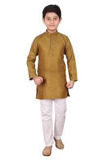 Boys Mehndi and White Cotton Simple Kurta Pajama Set
