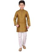Boys Mehndi and White Cotton Simple Kurta Pajama Set
