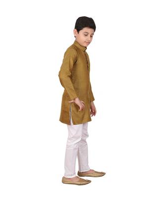 Boys Mehndi and White Cotton Simple Kurta Pajama Set 3