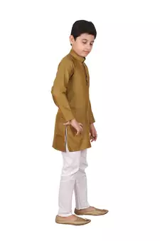 Boys Mehndi and White Cotton Simple Kurta Pajama Set