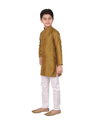 Boys Mehndi and White Cotton Simple Kurta Pajama Set 4