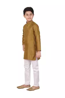 Boys Mehndi and White Cotton Simple Kurta Pajama Set