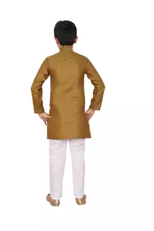Boys Mehndi and White Cotton Simple Kurta Pajama Set
