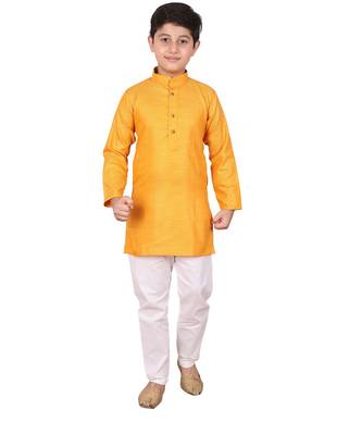 Boys Orange and White Cotton Simple Kurta Pajama Set 1