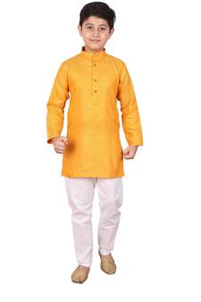 Boys Orange and White Cotton Simple Kurta Pajama Set