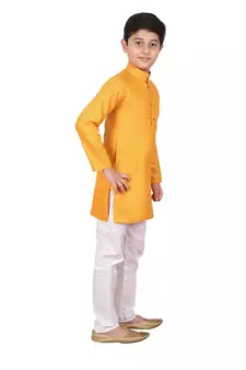 Boys Orange and White Cotton Simple Kurta Pajama Set