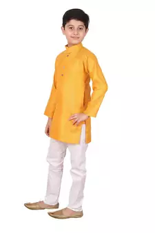 Boys Orange and White Cotton Simple Kurta Pajama Set