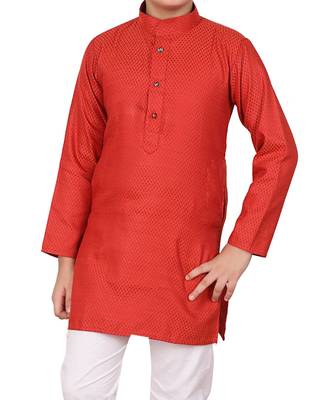 Boys Red and White Cotton Simple Kurta Pajama Set 2