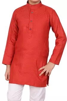 Boys Red and White Cotton Simple Kurta Pajama Set
