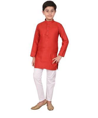 Boys Red and White Cotton Simple Kurta Pajama Set 1