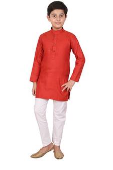 Boys Red and White Cotton Simple Kurta Pajama Set