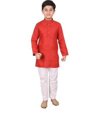 Boys Red and White Cotton Simple Kurta Pajama Set 3