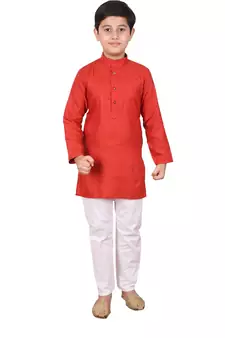 Boys Red and White Cotton Simple Kurta Pajama Set