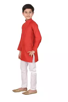 Boys Red and White Cotton Simple Kurta Pajama Set
