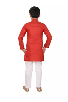 Boys Red and White Cotton Simple Kurta Pajama Set