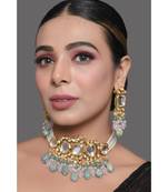 Pastel Blue and pink tanjore beaded handcrafted Kundan Necklace with earrings