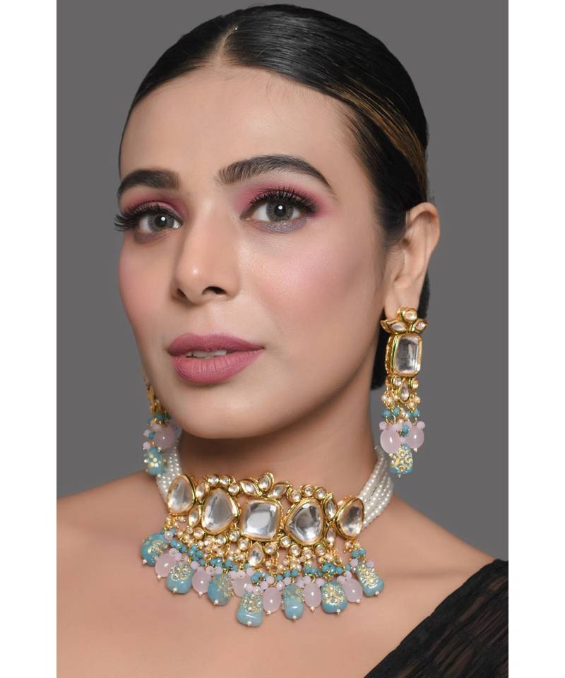 Pastel Blue and pink tanjore beaded handcrafted Kundan Necklace with earrings