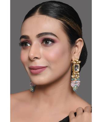 Pastel Blue & Pink Beaded Handcrafted Kundan Earrings 1