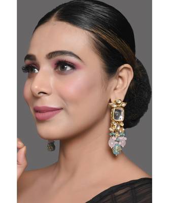 Pastel Blue & Pink Beaded Handcrafted Kundan Earrings 2