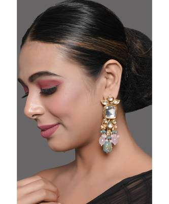 Pastel Blue & Pink Beaded Handcrafted Kundan Earrings 3