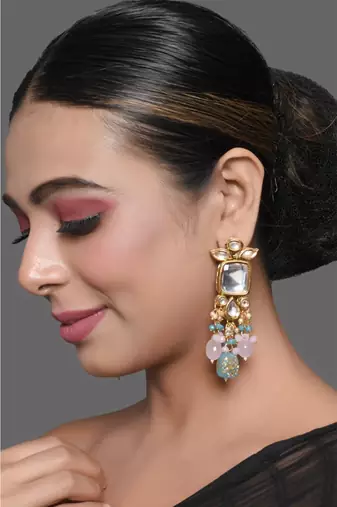 Pastel Blue & Pink Beaded Handcrafted Kundan Earrings