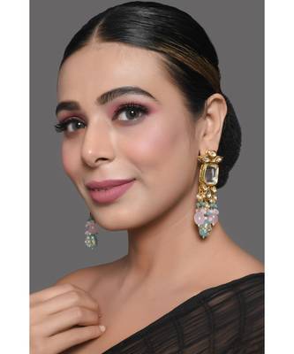 Pastel Blue & Pink Beaded Handcrafted Kundan Earrings 4