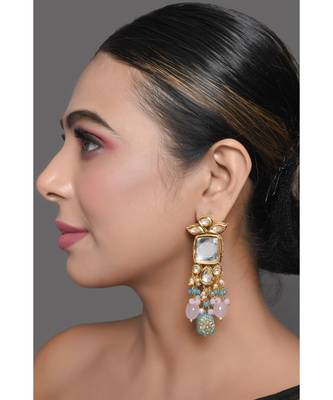 Pastel Blue & Pink Beaded Handcrafted Kundan Earrings 5