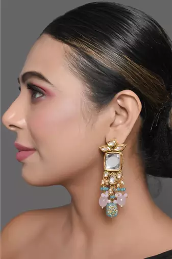 Pastel Blue & Pink Beaded Handcrafted Kundan Earrings